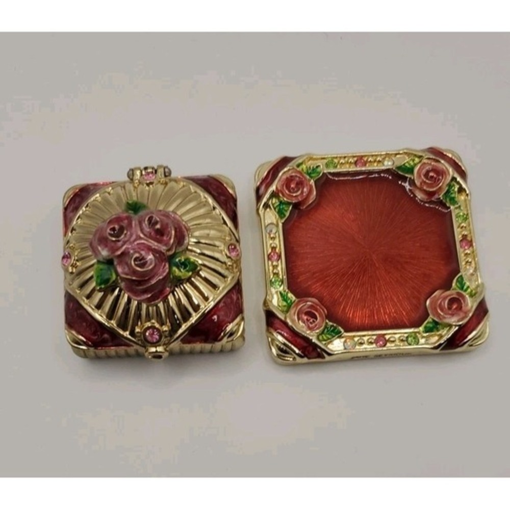 Jane Seymour Gift‎ Present Trinket Pill Jewlery Box & Mirror. Enamel Rose Flower